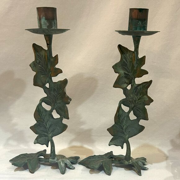 PartyLite Ivy Trellis Candlestick Holder Pair Brass Accents Green Patina - Picture 4 of 7